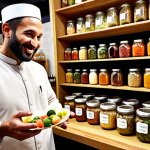 **

A vibrant scene inside a modern urban fermentation business. Jars and containers filled with colorful fermented vegetables and fruits are displayed on wooden shelves. The owner, a passionate individual with a warm smile, is interacting with a customer, explaining the benefits of fermented food. The background includes traditional Arabic design elements subtly integrated into the modern setting.

**