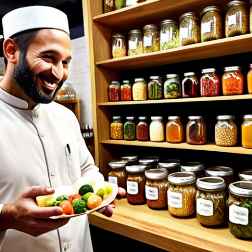 Home 4 **
A vibrant scene inside a modern urban fermentation business. Jars and containers filled with colorful fermented vegetables and fruits are displayed on wooden shelves. The owner, a passionate individual with a warm smile, is interacting with a customer, explaining the benefits of fermented food. The background includes traditional Arabic design elements subtly integrated into the modern setting.
**