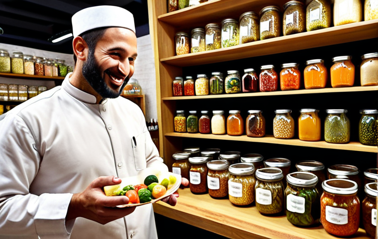 **
A vibrant scene inside a modern urban fermentation business. Jars and containers filled with colorful fermented vegetables and fruits are displayed on wooden shelves. The owner, a passionate individual with a warm smile, is interacting with a customer, explaining the benefits of fermented food. The background includes traditional Arabic design elements subtly integrated into the modern setting.
**
